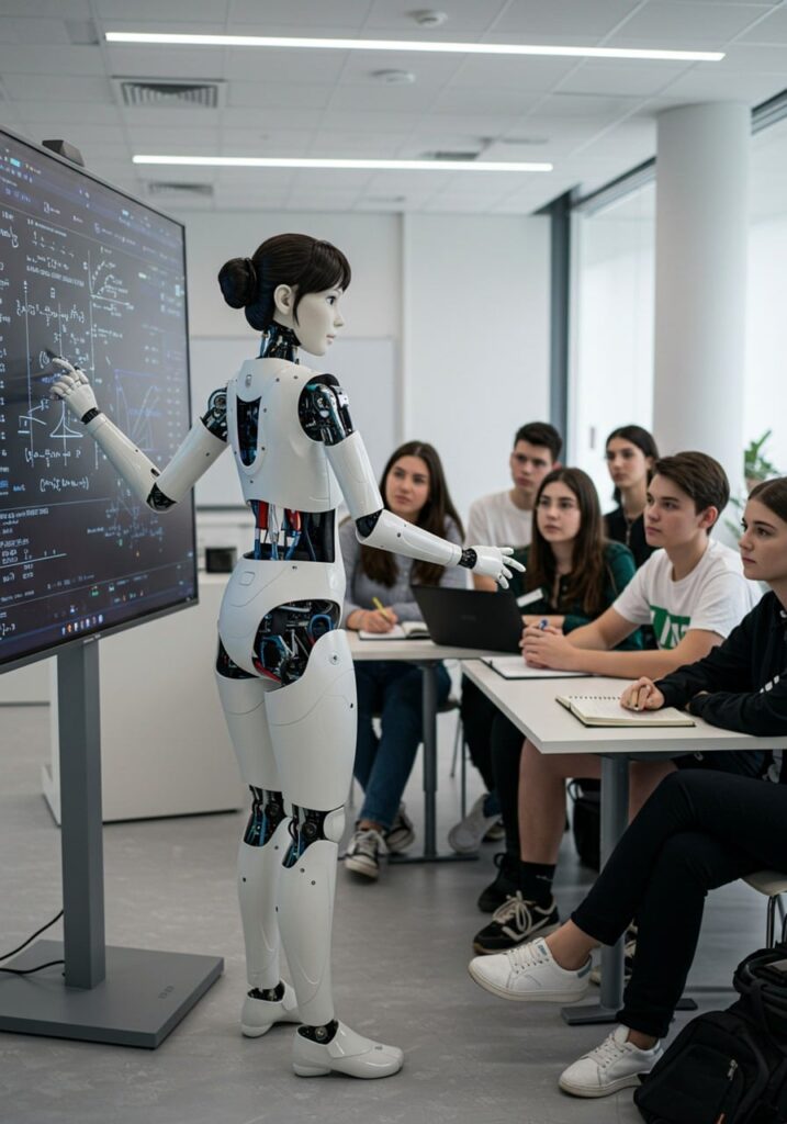 Home robot, education, technology, future, student, classroom, presentation, artificial intelligence, interaction, teaching, machine learning, innovation, technology room, digital board, future education, science fiction, future professor, scientist